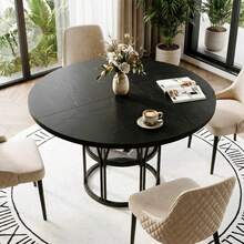 Techigher Round Dining Table For 4-6 People, Circle Kitchen Table, Farmhouse Dinning Room Tables With Storage Shelves & Metal Base, Circle Dinner Table For Kitchen, Living Room - 黑色 - 查看 3