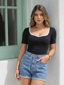 Women's Short Sleeve Blouse With Two-Tone Heart Collar Enhances Casual Summer Neckline - Xem 5