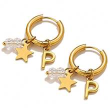 一对低过敏性不锈钢耳环，A-Z 个性化字母星形水晶吊坠耳环，防水不褪色耳饰，女士日常礼物 - 金色 - 查看 34