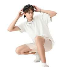 Men's Cotton T-Shirts Oversized Unisex Short Sleeve Crew Neck Loose Basic Tops Solid Athletic Tee - White+Beige+Black - View 3