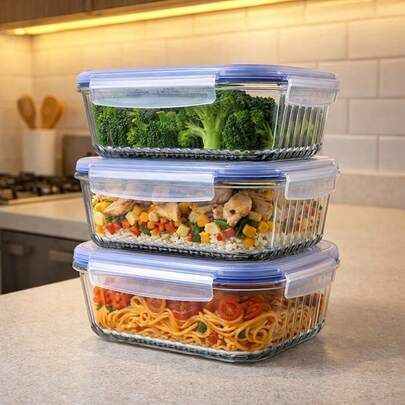 Kit Pote de Vidro Hermético 640ml Retangular Tampa Stripes Transparente Organizado Alimentos Marmita