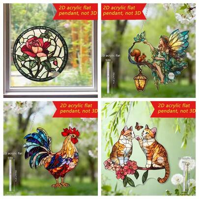 2D Acrylic Painted Glass Hanging Decor, Cat, Rooster, Floral Shapes, Garden Ornament