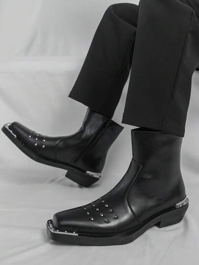 Botas altas negras para hombres - Estilo punk metálico, botas elegantes y de punta cuadrada - Versátiles para uso diario, negocios y casual - Cremallera lateral con tachuelas Zapatos de moda para hombres - Adecuados para viajes al aire libre, ir al trabajo, vacaciones, bodas, fiestas y diversas ocasiones, también perfectos como regalo de vacaciones o accesorio de atuendo de cumpleaños, se pueden usar durante todo el año