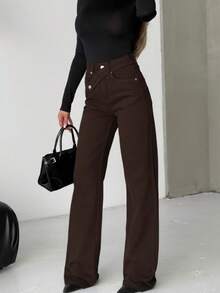 SQUALO Women's Wide Leg Color With Pocket Details Destroyed Retro Washed Street Style Jeans Ripped And Cutout Wide Leg Jeans - Coffee Brown - View 5