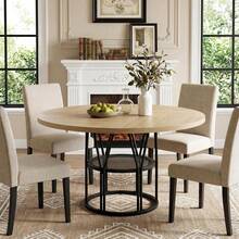 Techigher Round Dining Table For 4-6 People, Circle Kitchen Table, Farmhouse Dinning Room Tables With Storage Shelves & Metal Base, Circle Dinner Table For Kitchen, Living Room - Wood Color - View 3