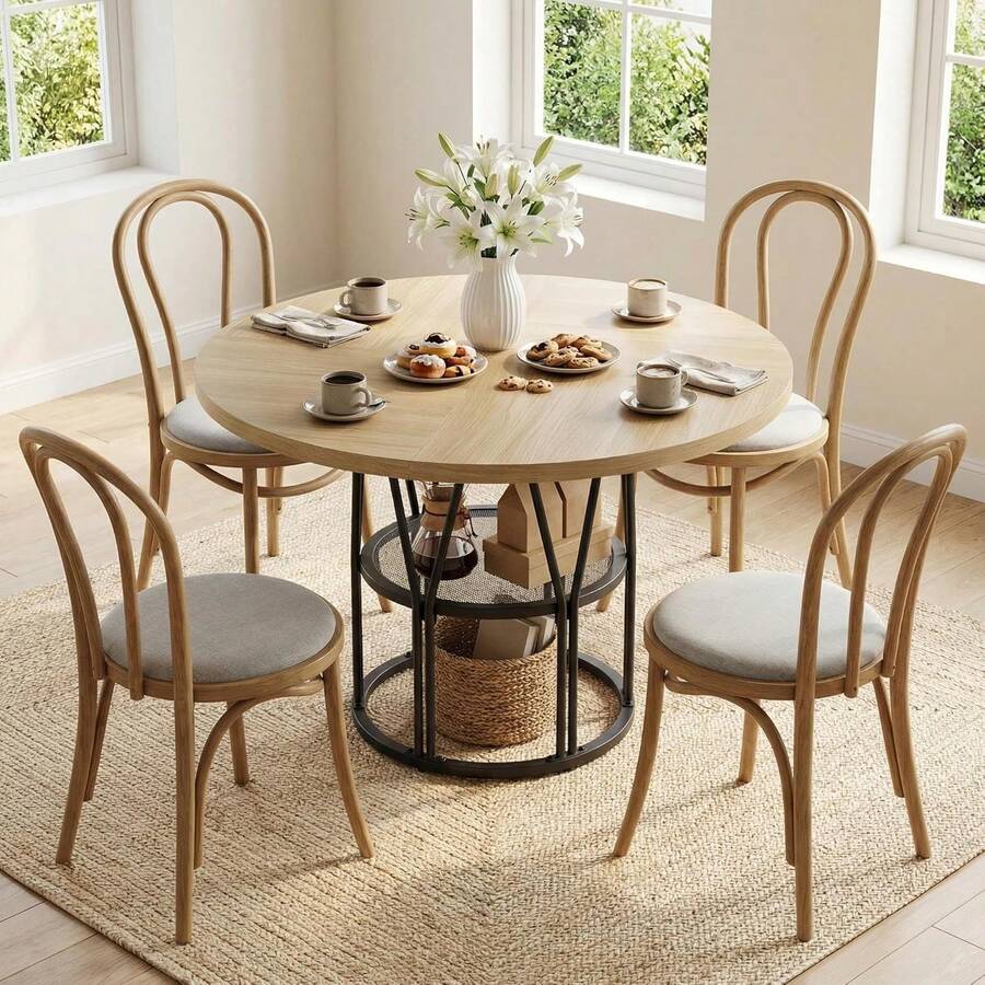 Techigher Round Dining Table For 4-6 People, Circle Kitchen Table, Farmhouse Dinning Room Tables With Storage Shelves & Metal Base, Circle Dinner Table For Kitchen, Living Room - Wood Color - View 1