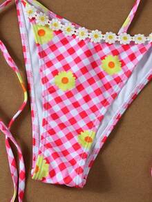 Novo conjunto de biquíni xadrez vermelho e branco para mulheres, casual, sexy, para praia, encontros e festas, primavera/verão. - Multicolorido - Ver 5