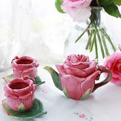 1 Juego de Té de Cerámica Pintado a Mano con Rosas Rojas, Juego de Taza de Café y Platillo, Tetera, Taza de Té, Regalo Navideño, Día de San Valentín, Día de la Madre
