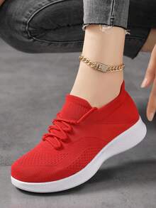 Women's Pure White Slip-On Knit Sneakers, Casual Breathable Dance Shoes - Red - View 3