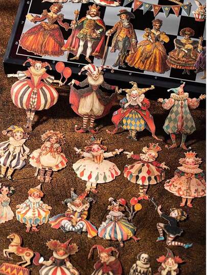 Série de Festa de Carnaval Estética Vintage - Kit de Decoração DIY com Tema de Circo, Inclui Palhaço, Personagens da Corte e Elementos de Bottom de Palco, Feito de Papel Kraft e Cartão, Permite Colagem DIY Livre, Adequado para Scrapbooking, Junk Journals, Arte de Colagem, Cartões de Saudação, Convites, Cartões Postais, Artesanato DIY, Quadros, Capas, Decoração de Mini Teatro e Arte de Parede