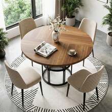 Techigher Round Dining Table For 4-6 People, Circle Kitchen Table, Farmhouse Dinning Room Tables With Storage Shelves & Metal Base, Circle Dinner Table For Kitchen, Living Room - 棕色 - 查看 3