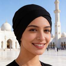 1pc Elegant Polyester Striped Underscarf Hijab Cap, Suitable For All Seasons - Black - View 5