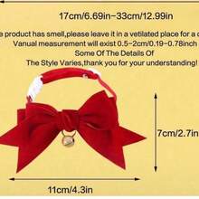 情人节宠物猫咪泰迪熊狗狗领结铃铛天鹅绒可调节仿真项圈，宠物猫狗生日新年天鹅绒大蝴蝶结铃铛可调节项链粉色领结项圈礼物，适合猫咪/狗狗 - 紅色 - 查看 3