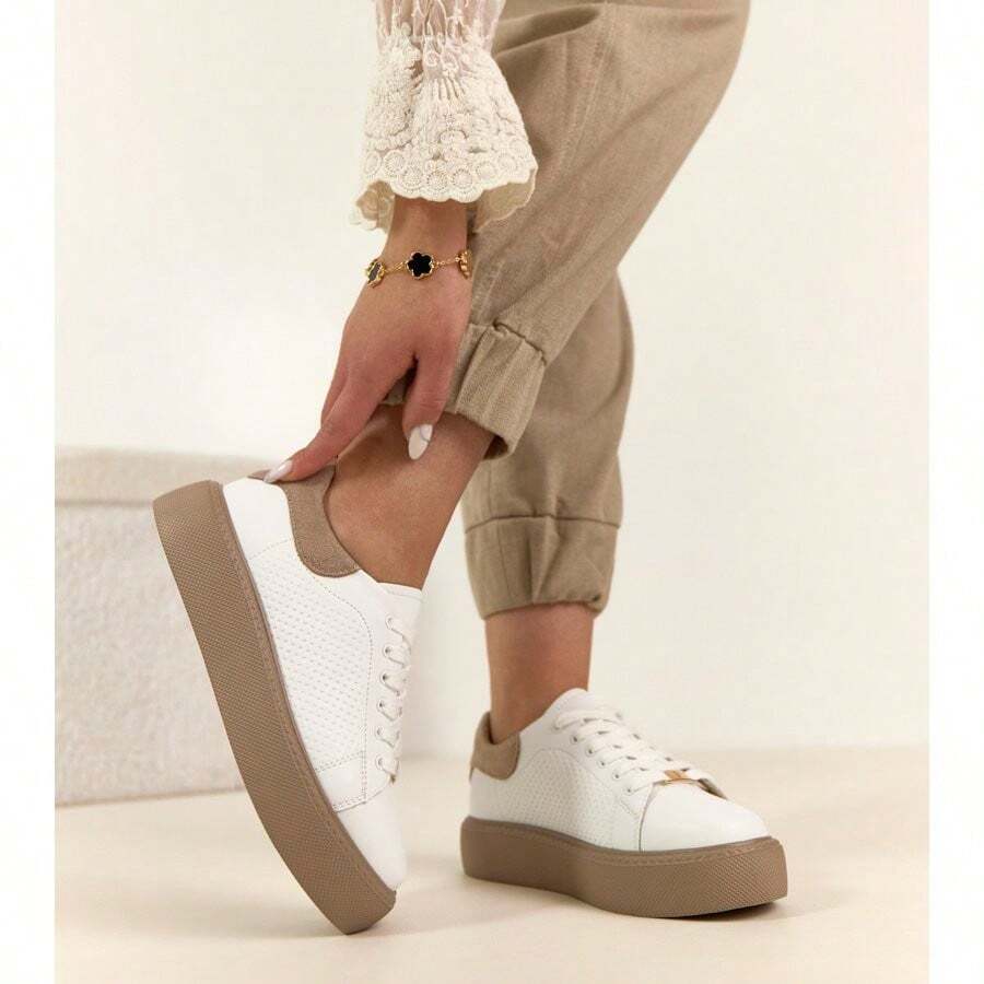 Beige Casual Platform Sneakers For Daily Wear - White - View 1