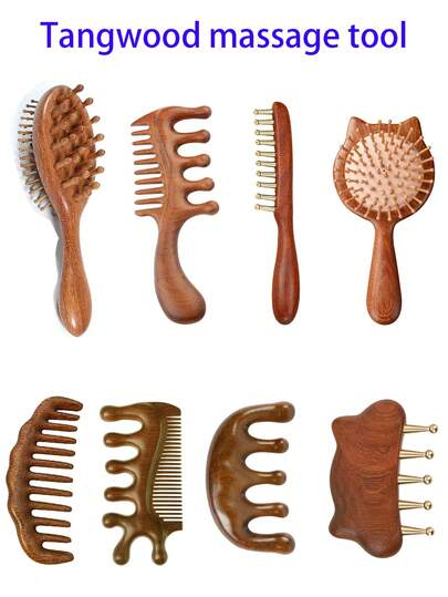 天然檀香木梳，按摩梳，头部按摩放松工具，家用按摩梳套装，便携式梳子，情人节/母亲节礼物，送给家人和朋友的礼物，气垫梳，柔顺滋养秀发，不产生静电，头皮按摩梳，可深层按摩头皮并刺激头发生长。采用天然檀香木制成，每把梳子的木纹和颜色都各不相同。