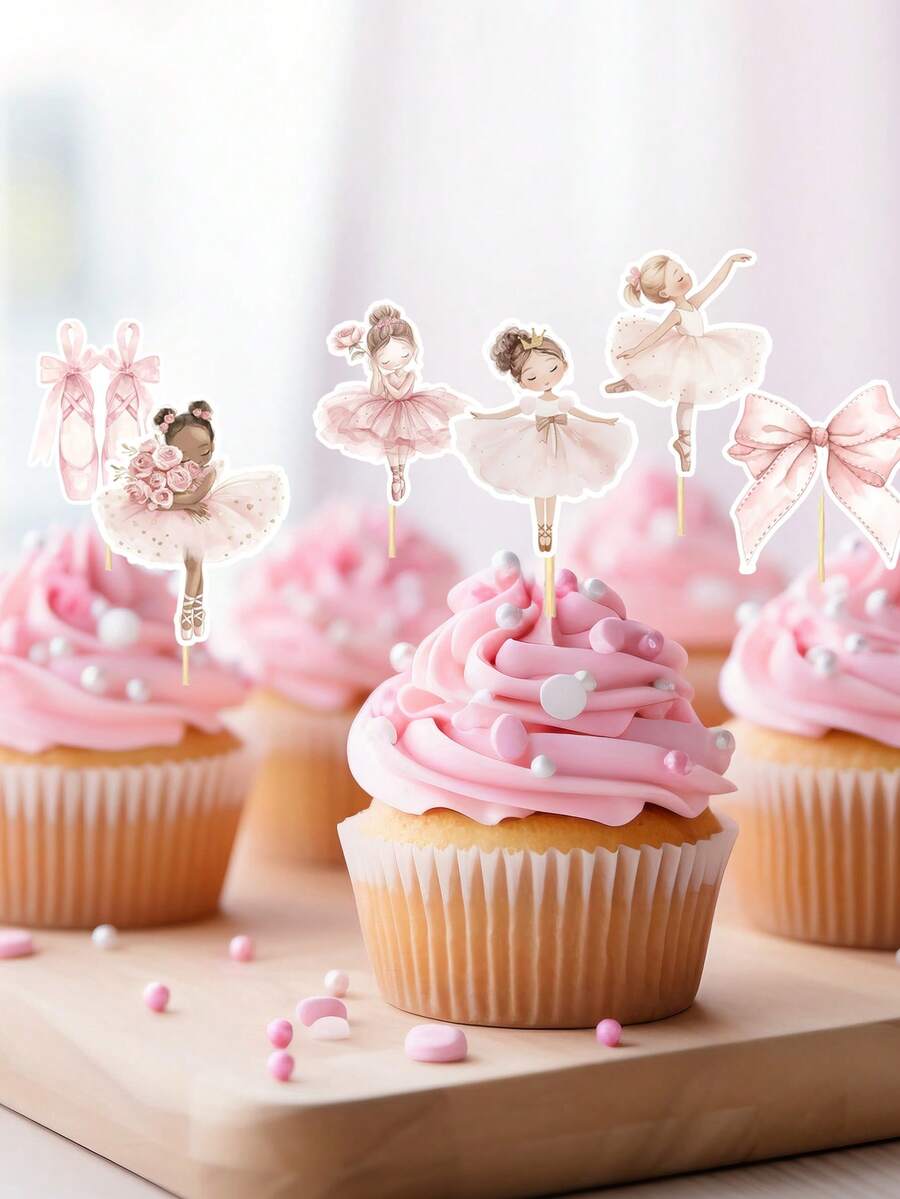 24PCS Blush Pink Ballerina Cupcake Toppers Ballet Dancer Party Decorations,Bow Tie Watercolor Swan Lake Birthday Cupcake Toppers,Tutu Cute Bachelorette Wedding Party Decorations,Pink Bow Cake Smash Photo Props - Ballerina Cupcake Toppers - View 1