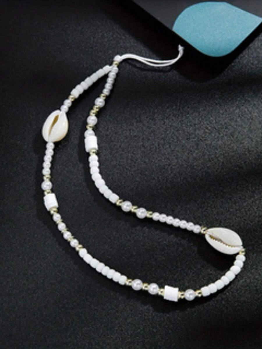 Seashell Phone Lanyard, Fashion Bag/Camera Strap, Key Chain Pendant - White Shells - View 1