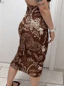 Women's Midi Skirt With Tropical Toucan Print (Top Not Included) - Marrón oscuro - Ver 2