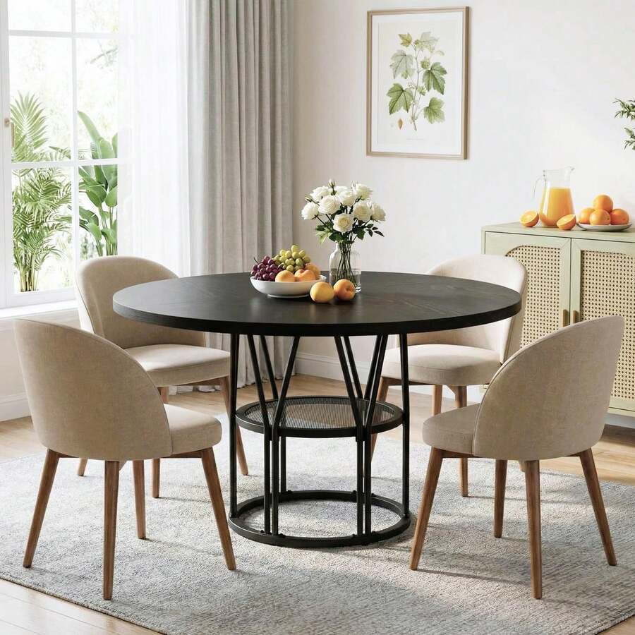 Techigher Round Dining Table For 4-6 People, Circle Kitchen Table, Farmhouse Dinning Room Tables With Storage Shelves & Metal Base, Circle Dinner Table For Kitchen, Living Room - 黑色 - 查看 1