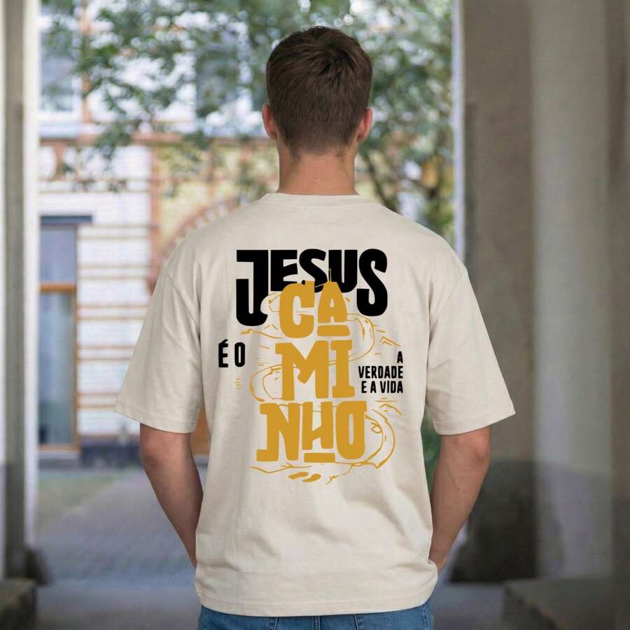 Camiseta Oversized Cristã "Jesus é o Caminho" Unissex Premium Algodão Streetwear Academia Treino - Off-W - Visão 1