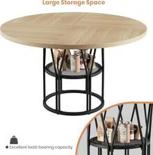 Techigher Round Dining Table For 4-6 People, Circle Kitchen Table, Farmhouse Dinning Room Tables With Storage Shelves & Metal Base, Circle Dinner Table For Kitchen, Living Room - Wood Color - View 6