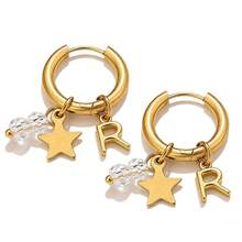 一对低过敏性不锈钢耳环，A-Z 个性化字母星形水晶吊坠耳环，防水不褪色耳饰，女士日常礼物 - 金色 - 查看 13