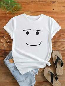 Anime Robot Robloxs Face T-Shirts Women Fun Tees Crew Neck Short Sleeve T Shirts Women Clothing Harajuku T Shirts Tee Summer TopsRelaxed Plus Size T-Shirt - 白色 - 查看 6