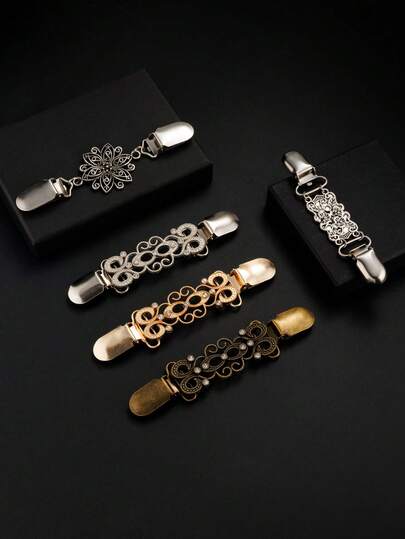 1/5 Pcs Vintage Sweater Cardigan Collar Clips For Women, Waist Cincher Clips ,Dress Shirt Brooch Clips, Gold & Silver & Bronze Flower Pattern Sweater Shawl Clip -Waist Clip, Waist Cincher Cardigan Clip Scarf Collar Accessory Clips & Brooch Clips For Clothing Gifts