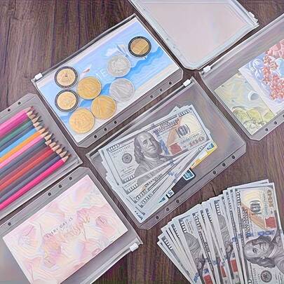 5pcs A5 Size Zipper Binder, 6-Ring Transparent Cash Envelope System, Waterproof PVC Notebook And File Organizer