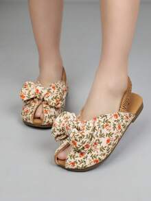 1 Pair Girls' Flat Slippers, 2026 New Fashion Bow Floral Open Toe Suede Princess Sandals - Beige - View 4