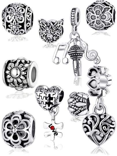 9 piezas Surtido de accesorios DIY en tono plateado con diseños de diosa, micrófono, pulsera con forma de corazón, collar, llavero, regalo sorpresa