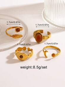 4pcs Stainless Steel Moon, Leaf, Oval Tiger Eye Stone Rings Set, Suitable For Women's Daily And Party Wear - Multicolor - View 3