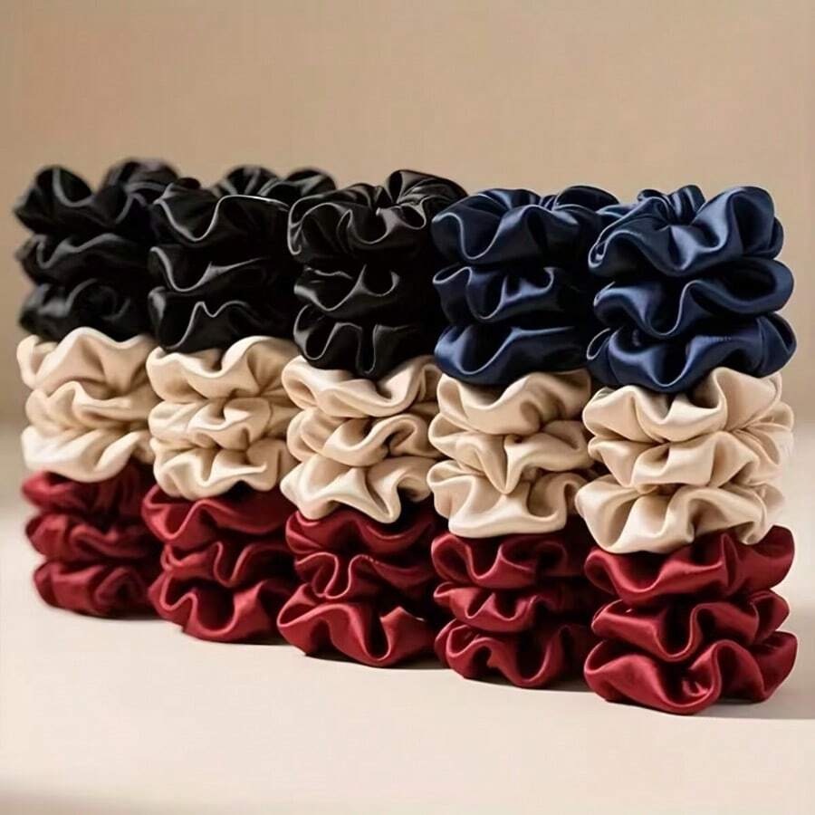 14个/7个/6个随机深色缎面发圈套装，适合扎马尾辫、丸子头等各种发型，多功能缎面发圈，镶嵌水钻 - 彩色 - 查看 1