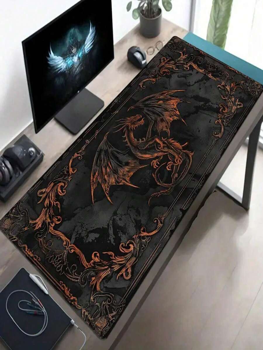 哥特风格黑龙图案游戏鼠标垫 - 大号聚酯纤维桌面垫，适用于办公室和家庭使用，亮橙色搭配金色点缀，是送给游戏玩家的完美礼物，也可作为桌面鼠标垫使用。此外，它还可以用作键盘垫、桌面垫或书架，适合游戏玩家、办公室和宿舍使用，适用于电脑、办公和游戏环境，是送给游戏玩家的理想礼物，兼容鼠标和轨迹球。 - 查看 1