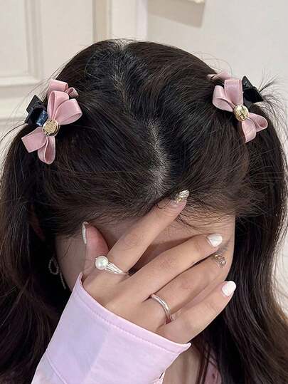 2pcs Cute Girl Bowknot Small Hair Clips, Black & Pink Princess Hair Claws, Bangs Clips, Half-Up Hairstyle Hair Claw, Sweet & Lovely For Daily Wear