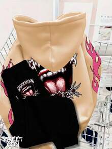 Hoodie And Pants Set Streetwear Mouth Tongue Street Fashion Urban Culture Skaters Unisex 100% Cotton Premium Top Streetwear New Release Immediate Shipping Various Colors!! - 米色和黑色 - 查看 1