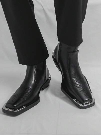 Men's Square-Toe Chelsea Boots With A Side Zipper Design, Featuring Plaid Engraving And Brogue Detailing With Metal Accents. These Men's Fashion Dress Shoes And Party Shoes Exude A Punk Rock Knight Style. Stylish Four-Season Boots For Men, Crafted From Microfiber Leather And Paired With A Durable And Comfortable Rubber Sole. Suitable For Wearing In All Seasons, They Are Also A Perfect Gift For Men, Outdoor Travel, Daily Outings, And Wedding Parties.