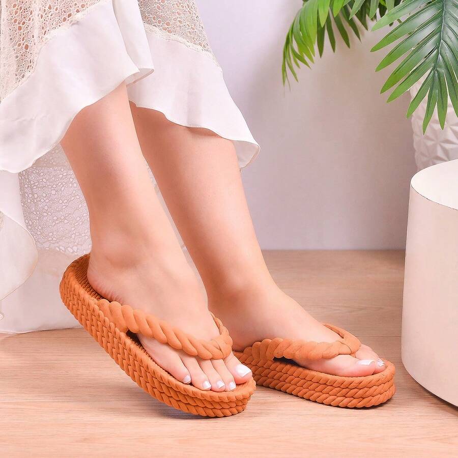 Women's Flip-Flop Sandal With 3 Straps, Braided Cloud Platform, Comfortable - Fast Shipping. - 摩卡棕 - 查看 1