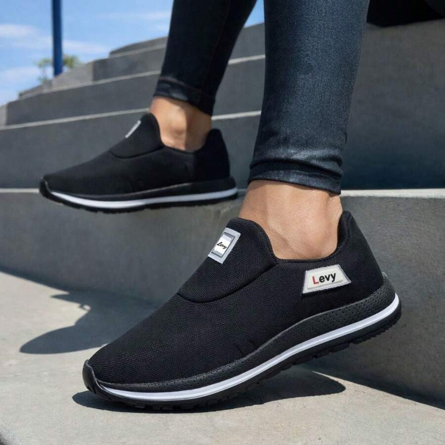 Tênis Caminhada Feminino Confortável Moda Preto Confortável e Versátil Casual para o Dia a Dia - Preto/Branco - Visão 1