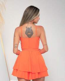 Women's Short Romper Dress With Bow, Solid Colors - 橘色 - 查看 5