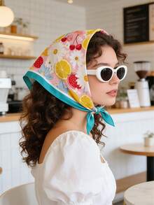 1 pieza Nuevo pañuelo de seda de 70 cm para mujer, estampado floral de limón, accesorio versátil, adecuado para uso diario en todas las estaciones - Multicolor - Ver 9