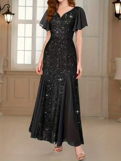Women's Elegant Chiffon Patchwork Sequin Dress, Basic Style Formal Dress Wedding Party Spring Black