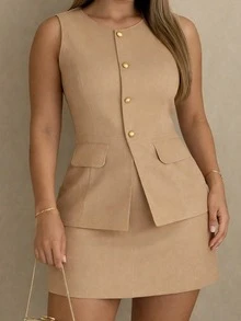 Women's Elegant Tailored Set, Vest, Shorts, Skirt - Beige - View 2