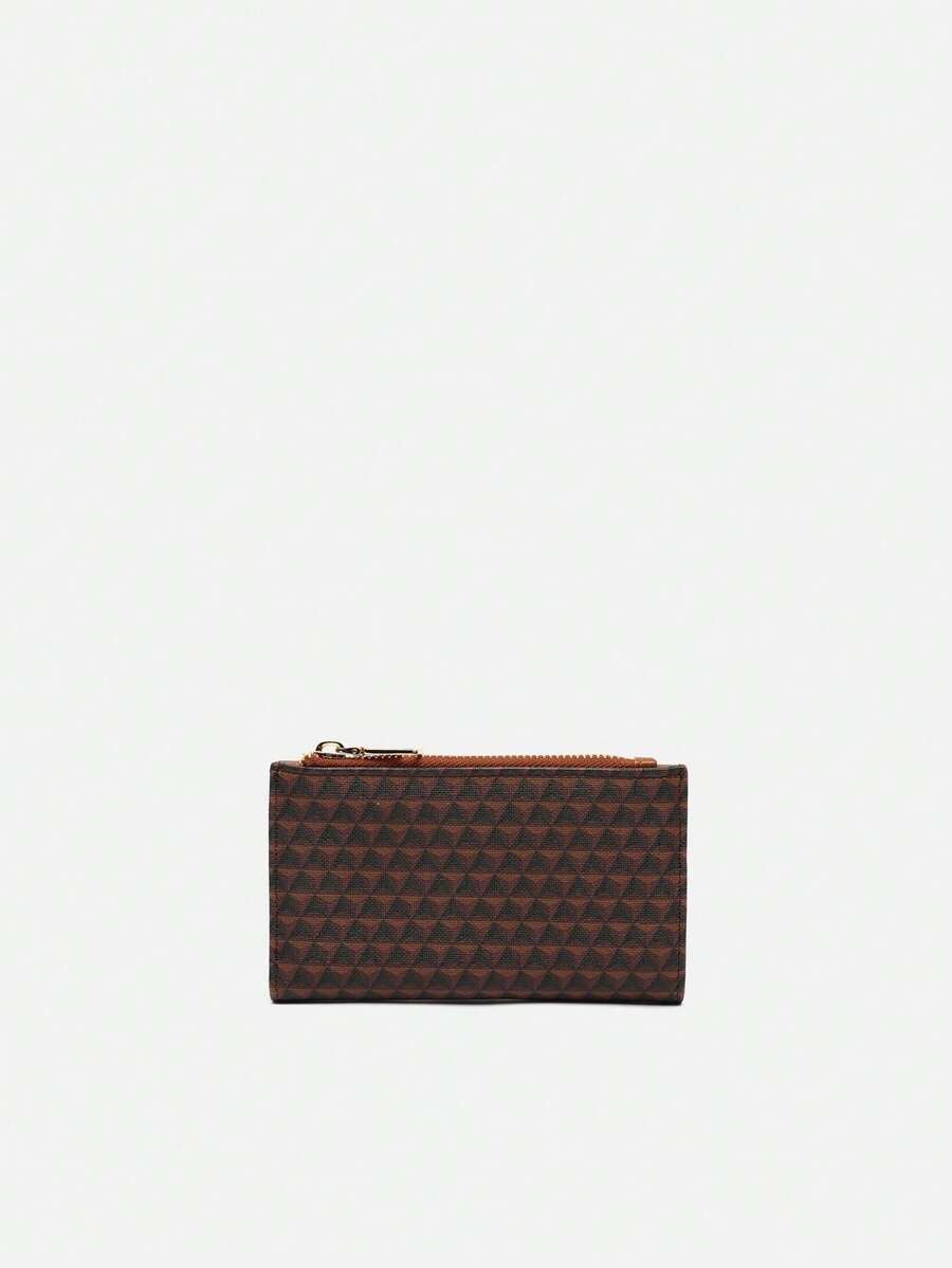 Monedero Metri Marrón con Estampado Geométrico: Diseño Compacto y Funcional con Cierre de Cremallera Dorada. Ideal para Mujeres que Buscan Estilo y Organización, Este Monedero de Misako Ofrece Múltiples Compartimentos para Tarjetas y Bolsillo Tipo Ventanilla. Perfecto para Adaptarse a Diferentes Estilos y Ocasiones. - Marrón - Ver 1