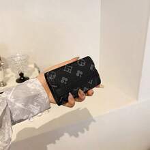 新款女士黑色PU随机印花图案迷你风琴式卡包，多卡位，防盗，时尚百搭复古轻便手拿包，女士钱包迷你钱包小钱包卡包教师配件可爱钱包 - 黑色 - 查看 4