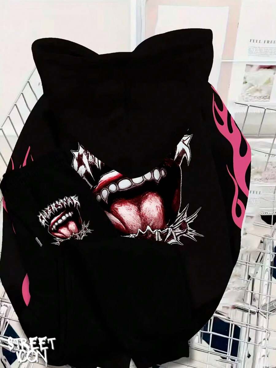 Hoodie And Pants Set Streetwear Mouth Tongue Street Fashion Urban Culture Skaters Unisex 100% Cotton Premium Top Streetwear New Release Immediate Shipping Various Colors!! - 黑色和黑色 - 查看 1