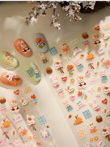1件田园风刺绣兔子蝴蝶结可爱5D浮雕自粘美甲贴纸兔子胡萝卜南瓜美甲贴花 - 彩色 - 查看 7