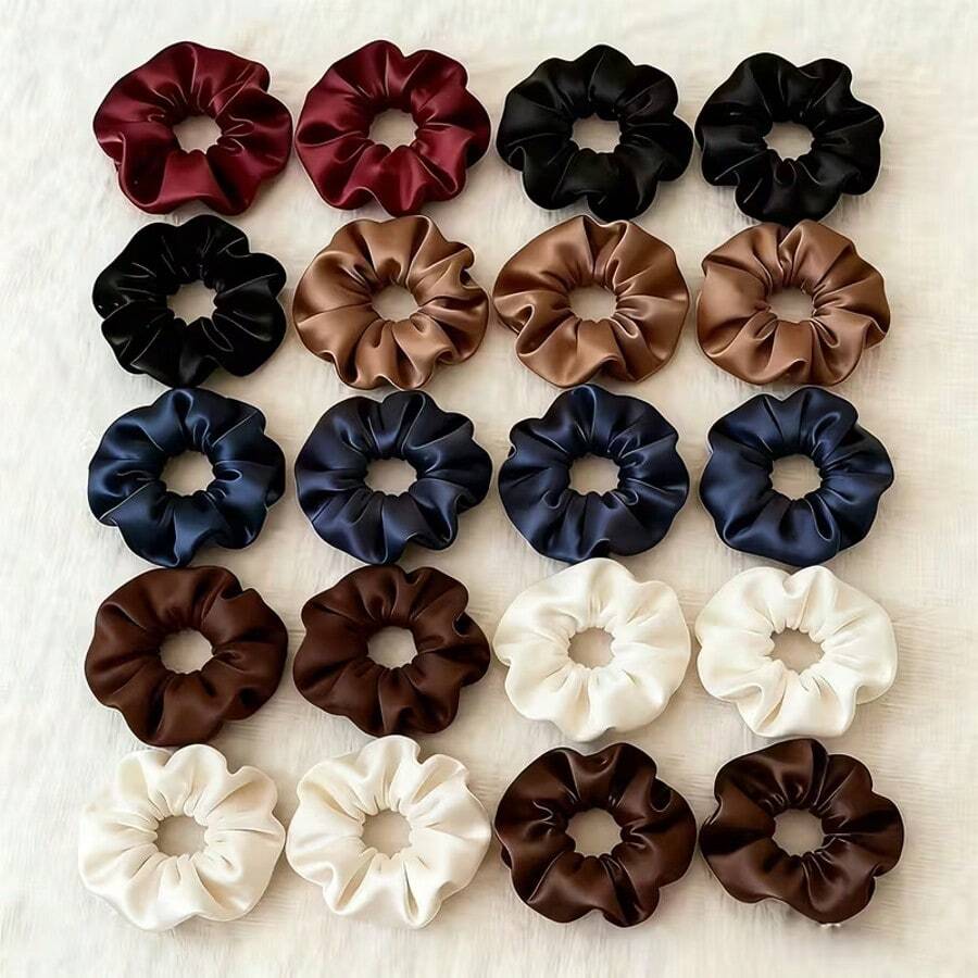 14pcs/7pcs/6pcs Random Dark-Tone Satin Scrunchie Set, Suitable For Ponytail, Bun And Various Hairstyles, Versatile Satin Scrunchies With Rhinestones - Multicolor - View 1