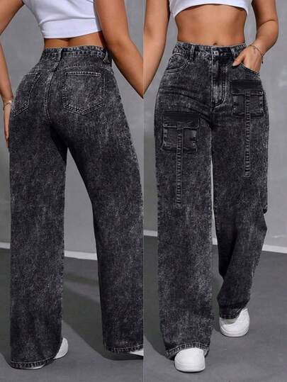 CHILAM Pantalones vaqueros casuales de pierna ancha y corte holgado con bolsillos para mujeres, Jeans diarios simples de unicolor para mujer, Jesns holgados lavados para mujer