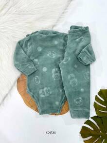 Baby Boy Winter Set: Bodysuit And Fleece Pants With Long Sleeves - 綠貓熊 - 查看 3